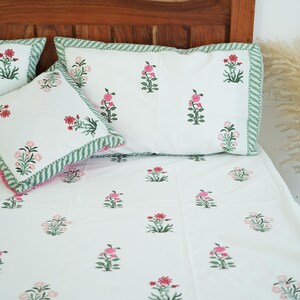 White minimal design block printed bedsheet/Green buta print cotton bedcover/Hand block House warming gift/bedding set with two pillow cover