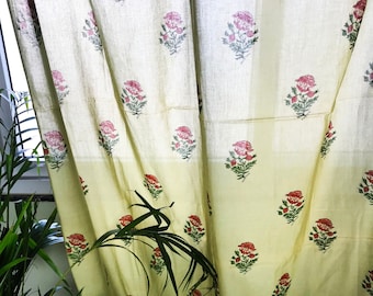 Mosterd-katoenen voile gordijnen: doorzichtige boho-gordijnen met Indiase blokprint