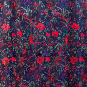 Blue Bird Print Velvet Curtain: Vintage Botanical Drapes