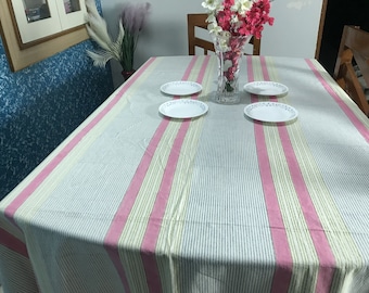 Pink Striped Cotton Tablecloth: Block Printed Linen Dining Table Cover
