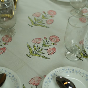 Floral Block Printed Cotton Tablecloth: Farmhouse Dining Table Cover