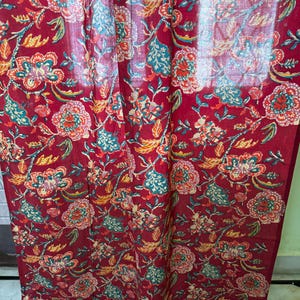 Red Floral Jaal Indian Curtain: Hand Block Printed Semi-Sheer Cotton