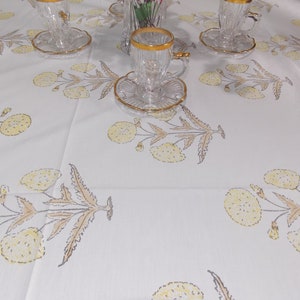 Yellow Floral Tablecloth: Indian Cotton Block Print Table Cover