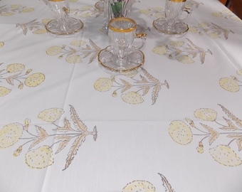 Gelbe Florale Tischdecke: Indische Baumwolle Block Print Tischdecke
