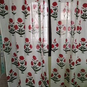Red Poppy Print Curtain: Bohemian Indian Block Print Sheer Panel