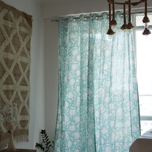 Block Print Sheer Cotton Curtain: Indian Design Window Panel