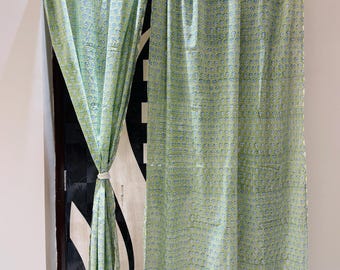 Green floral design living room cotton Curtain: Bright Green block printed sheer panels
