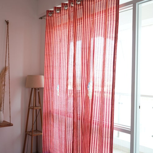 Red and Pink Striped Curtain: Bohemian Block Print, Sheer Cotton