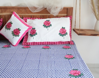 Block Printed Queen Bedsheet: Rose Buta Print, Indian Cotton Bedding