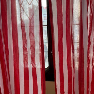 Hand Block Printed Striped Cotton Curtain: Red & Pink Sheer Boho Drape