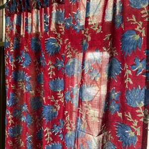 Dark Red Cotton Curtain/Sheer Floral print Curtains/Blue leaf cotton drapes/Boho Curtain/Housewarming Gift/Colourful Decor/Rod pocket