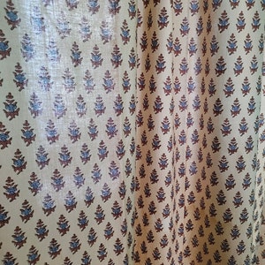 Beige Cotton Curtain: Semi Sheer Floral Block Print Window Panel