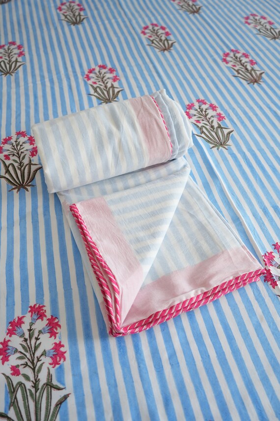 Hand Block Printed Cotton Dohar | Striped Blue Floral AC Blanket