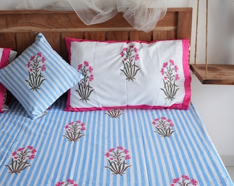 Blue Striped Handblock Printed Bedsheet Set: Indian Cotton Bedcover with Pillow Covers