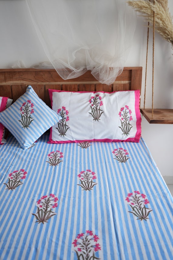 Blue Striped Handblock Printed Bedsheet Set: Indian Cotton Bedcover with Pillow Covers