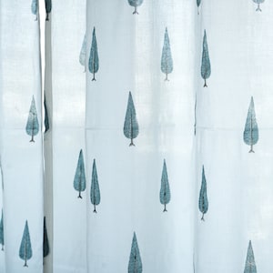 Indian Block Print Cotton Curtain: Sheer Pine Tree Panel