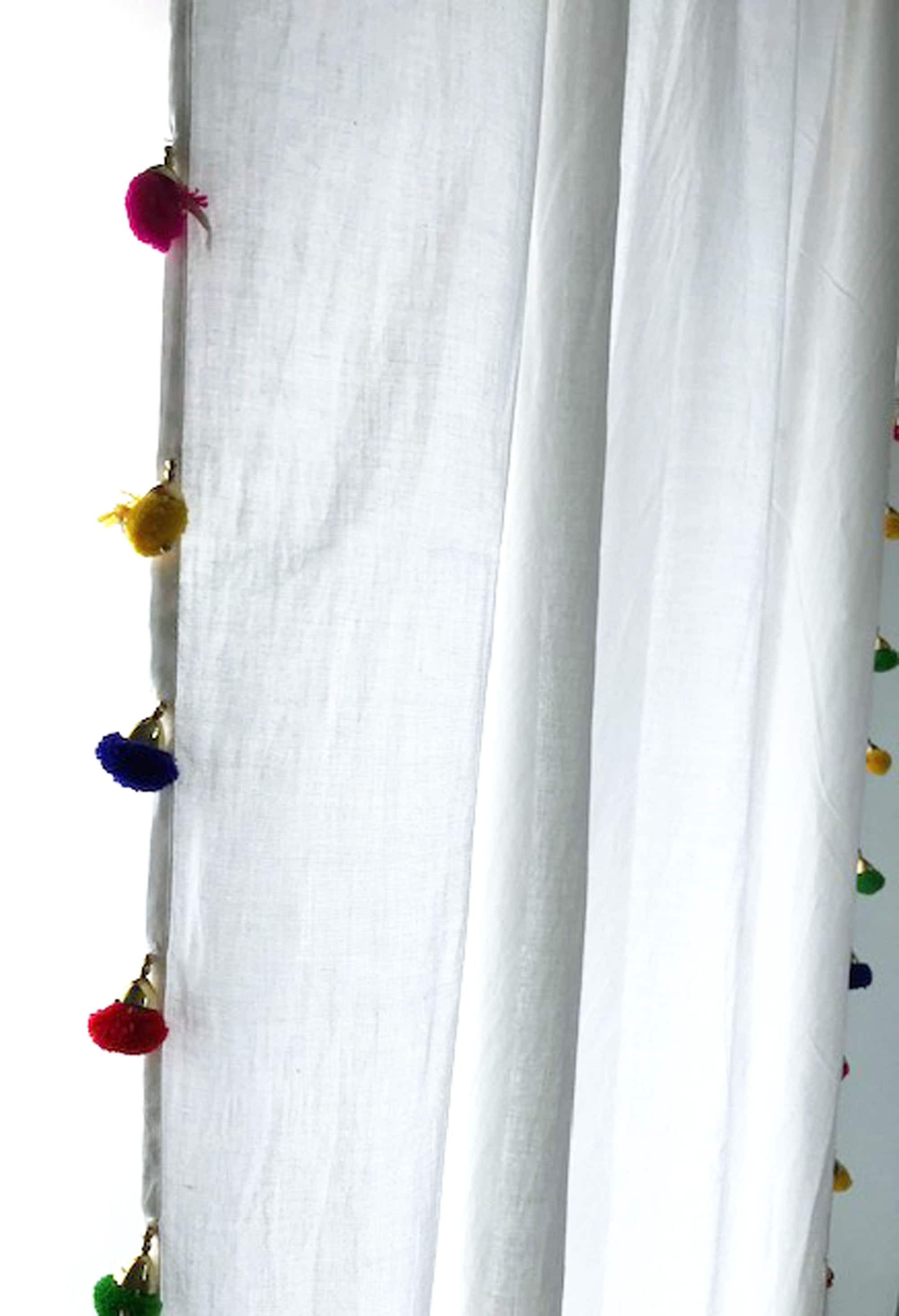 Classic White Cotton Curtain With Pom Pom or Tassel Trim /boho - Etsy UK