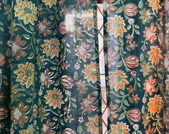 Botanical Print Curtains: Deep Green Floral, Hand Block Printed Cotton Curtains