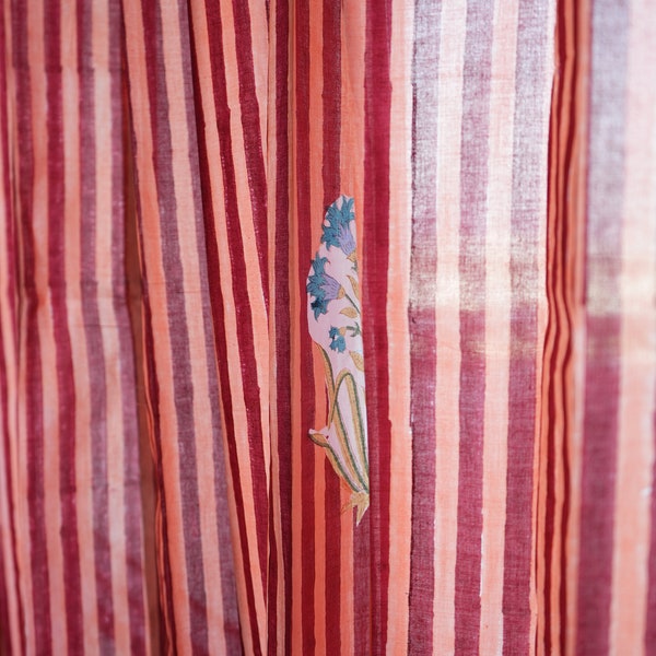 Red and Pink Striped Curtain: Bohemian Block Print, Sheer Cotton