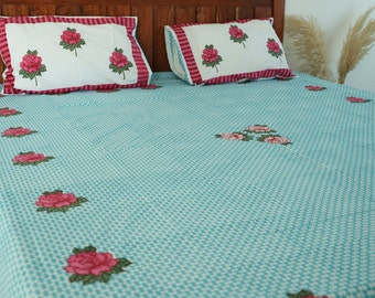 Teal Handblock Print Bedsheet Set: Floral Cotton Bedding, Queen Size