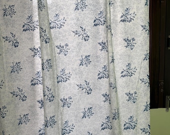 Blue Floral Sheer Cotton Curtain: Hand Block Printed Drape