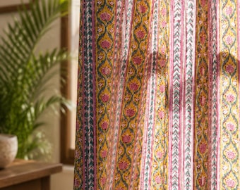 Bright Sheer Floral Curtains, Orange and Yellow Stripe Pattern, Block Printed Cotton Curtain