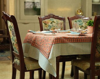 Orange Floral Block Printed Cotton Tablecloth - Jaipur Design
