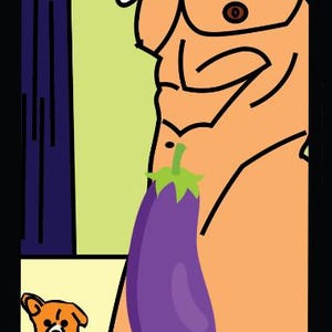 K&ouml;nnte beinhalten: Cartoon-Illustration einer muskul&ouml;sen Figur mit einer lila Aubergine. Ein kleiner Hund sitzt unter der Figur. Das Bild enth&auml;lt den Text "THE BODY DISTRACTION" und die r&ouml;mische Zahl "XVIII".