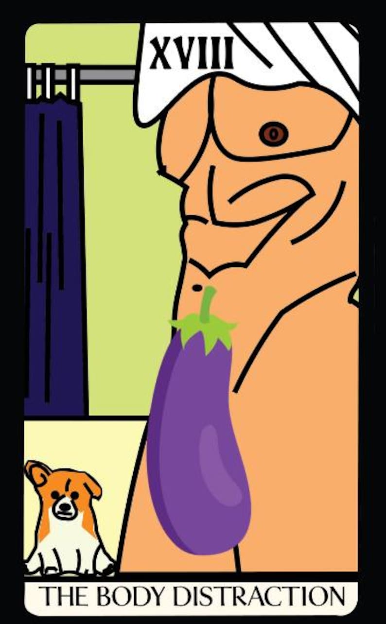 K&ouml;nnte beinhalten: Cartoon-Illustration einer muskul&ouml;sen Figur mit einer lila Aubergine. Ein kleiner Hund sitzt unter der Figur. Das Bild enth&auml;lt den Text "THE BODY DISTRACTION" und die r&ouml;mische Zahl "XVIII".