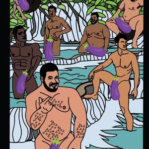 K&ouml;nnte beinhalten: Tarotkarten-Illustration mit nackten Figuren in einer nat&uuml;rlichen Umgebung, jede h&auml;lt eine violette Aubergine. Die Karte ist mit "VII" und "SEVEN OF OUTDOORS" in wei&szlig;em Text auf schwarzem Hintergrund beschriftet. Der Kunststil ist cartoonartig.