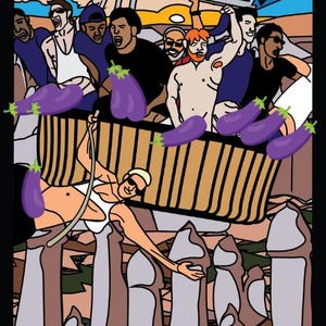 K&ouml;nnte beinhalten: Tarotkarten-Illustration mit einer Gruppe von Menschen in einem Boot, umgeben von Auberginen. Die Karte tr&auml;gt die Aufschrift "IX" oben und "NINE OF OUTDOORS" unten. Der Cartoon-Stil zeichnet sich durch kr&auml;ftige Konturen und leuchtende Farben aus.