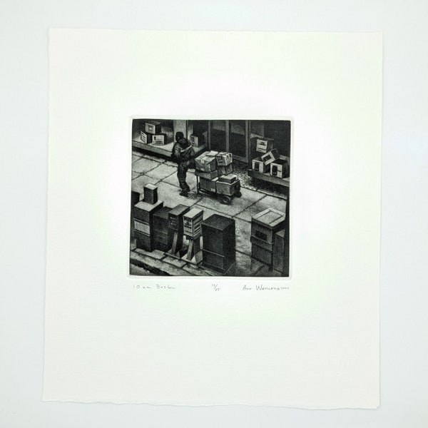 10 a.m. Boston -- Original Art Werger Mezzotint from the Series Time Frames