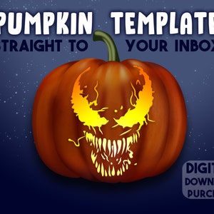 May include: A digital download template for carving a pumpkin with a scary Venom face. The template is for a pumpkin with a bright orange color and a yellow and orange Venom face.