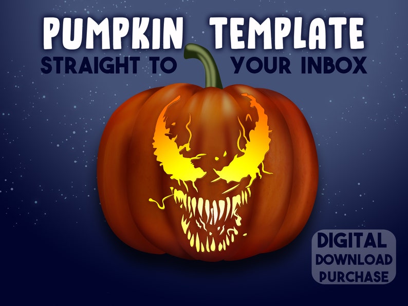 May include: A digital download template for carving a pumpkin with a scary Venom face. The template is for a pumpkin with a bright orange color and a yellow and orange Venom face.