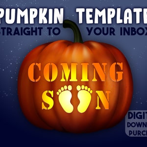 May include: A carved pumpkin with the words "Coming Soon" and two baby footprints. The pumpkin is lit from inside, casting a warm glow. The background is a dark blue with white stars.