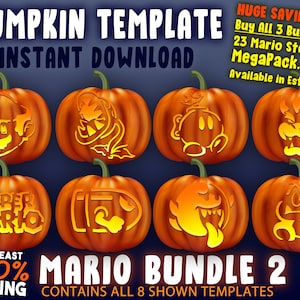 May include: Eight orange pumpkins with different Mario character stencils carved into them. The pumpkins are arranged in two rows of four. The text "SUPER MARIO" is carved into one pumpkin. The text "MARIO BUNDLE 2" is at the bottom of the image. The text "CONTAINS ALL 8 SHOWN TEMPLATES" is below the bundle name.