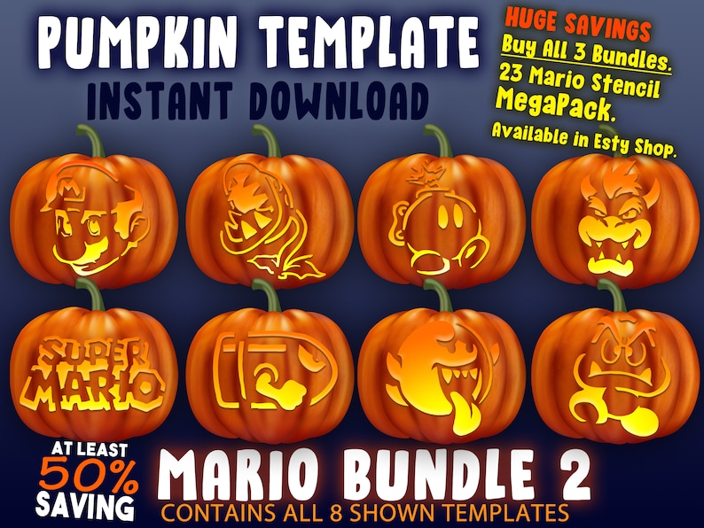 May include: Eight orange pumpkins with different Mario character stencils carved into them. The pumpkins are arranged in two rows of four. The text "SUPER MARIO" is carved into one pumpkin. The text "MARIO BUNDLE 2" is at the bottom of the image. The text "CONTAINS ALL 8 SHOWN TEMPLATES" is below the bundle name.
