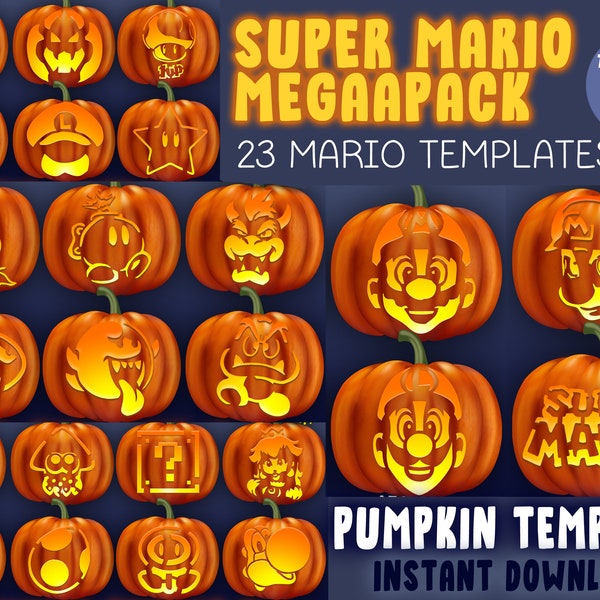 23 MARIO MEGAPACK BUNDLE Pumpkin Carving Stencil Halloween Template A4 Jack Lantern Pattern Luigi Princess Peach Bowser Yoshi Goomba Shy Guy