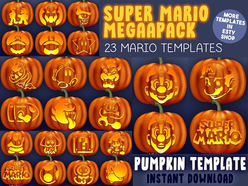May include: A set of 23 printable pumpkin carving templates featuring characters and logos from the Super Mario video game franchise. The templates are arranged in a grid on a dark blue background. The text "Super Mario Mega Pack" and "23 Mario Templates" is displayed at the top of the image. The text "Pumpkin Template Instant Download" is displayed at the bottom of the image.