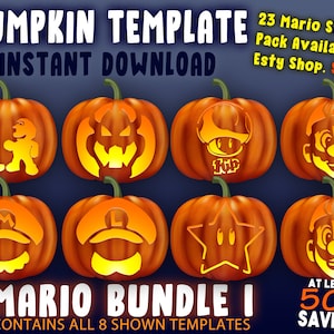 May include: Eight pumpkin carving templates featuring characters from the Super Mario video game franchise. The templates include Mario, Luigi, Bowser, Toad, a star, and a 1-up mushroom. The text "Mario Bundle I" and "Contains all 8 shown templates" is at the bottom of the image. The text "23 Mario Stencil Pack Available in Etsy Shop. SAVINGS" is at the top of the image. The text "AT LEAST 50% SAVING" is at the bottom right of the image.