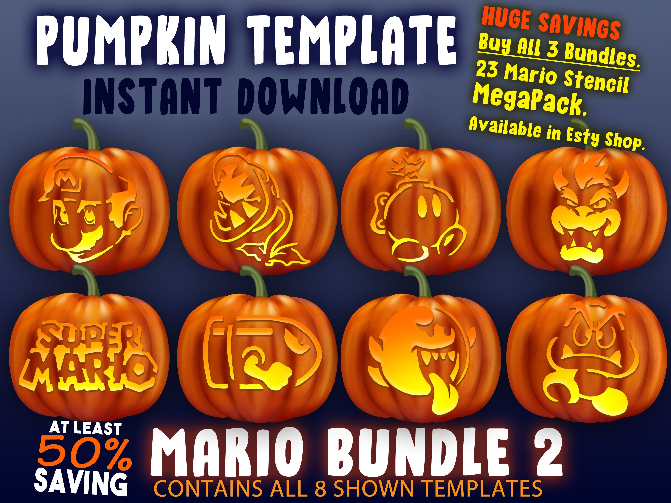 SUPER MARIO BUNDLE 2 Pumpkin Carving Stencil Halloween Etsy