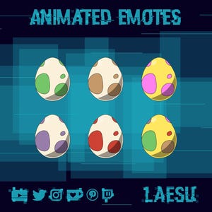 Könnte beinhalten: Grafik mit animierten Emotes, die sechs farbige Eier zeigt. Jedes Ei hat eine weiße Basis mit farbigen Flecken in Grün, Braun, Pink, Lila, Rot und Gelb. Der Text "ANIMATED EMOTES" steht oben.