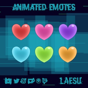 Könnte beinhalten: Sechs animierte Herz-Emojis in verschiedenen Farben: Rot, Rosa, Lila, Blau, Grün und Orange. Die Herzen sind in zwei Reihen mit jeweils drei Herzen angeordnet. Der Text "ANIMATED EMOTES" befindet sich oben im Bild. Der Text "1AESU" befindet sich unten im Bild.