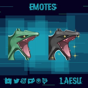 May include: Two digital emotes of a green and black creature with a wide open mouth and sharp teeth. The creature is set against a blue and black background with the text "EMOTES" and "1AESU" at the top and bottom of the image.