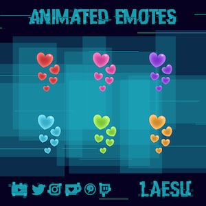 Könnte beinhalten: Animierte Herz-Emojis in Rot, Rosa, Lila, Blau, Grün und Orange. Die Emojis sind in sechs Spalten angeordnet, wobei jede Spalte fünf Herzen enthält. Die Herzen sind in absteigender Reihenfolge angeordnet, wobei das größte Herz oben und das kleinste Herz unten ist. Der Hintergrund ist dunkelblau mit weißen Linien.