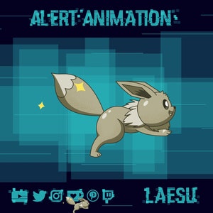 Könnte beinhalten: Eine digitale Illustration eines braunen und weißen Evoli, das mit einem blauen und grünen Hintergrund rennt. Der Text "ALERT: ANIMATION" befindet sich oben im Bild. Der Text "1AESU" befindet sich unten im Bild.