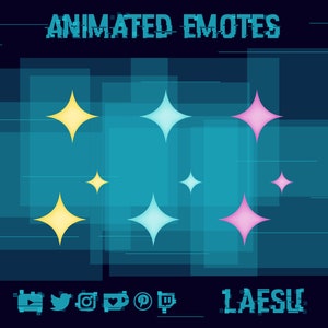 Könnte beinhalten: Animierte Emojis mit einem glitzernden Sternendesign in Gelb, Blau und Rosa. Die Emojis befinden sich auf einem dunkelblauen Hintergrund mit weißen Linien. Der Text "ANIMATED EMOTES" befindet sich oben im Bild. Der Text "1AESU" befindet sich unten im Bild. Social-Media-Symbole befinden sich unten links im Bild.