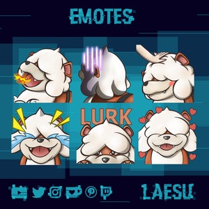 May include: A set of nine animated emotes featuring a white and brown cartoon dog with different expressions. The emotes include a dog with a fire coming out of its mouth, a dog with its eyes closed, a dog with hearts around it, a dog with its tongue sticking out, a dog with its eyes closed and a heart above its head, a dog with its eyes closed and a heart above its head, a dog with its eyes closed and a heart above its head, a dog with its eyes closed and a heart above its head, and a dog with its eyes closed and a heart above its head. The emotes are labeled "EMOTES" and "LURK".