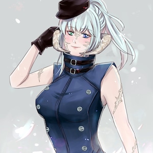 May include: Digital illustration of a character with white hair, heterochromatic eyes, and facial markings. The character wears a dark blue uniform with silver buttons, a black hat, and gloves. The image has a soft, artistic style.