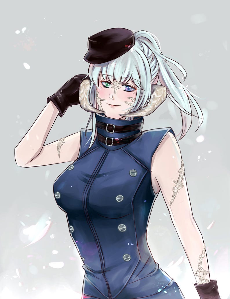 May include: Digital illustration of a character with white hair, heterochromatic eyes, and facial markings. The character wears a dark blue uniform with silver buttons, a black hat, and gloves. The image has a soft, artistic style.